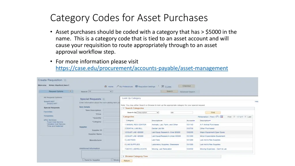 category codes for asset purchases