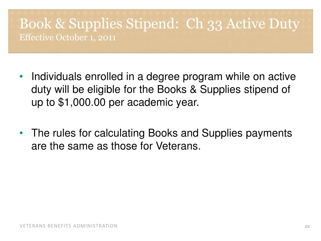 book supplies stipend ch 33 active duty effective
