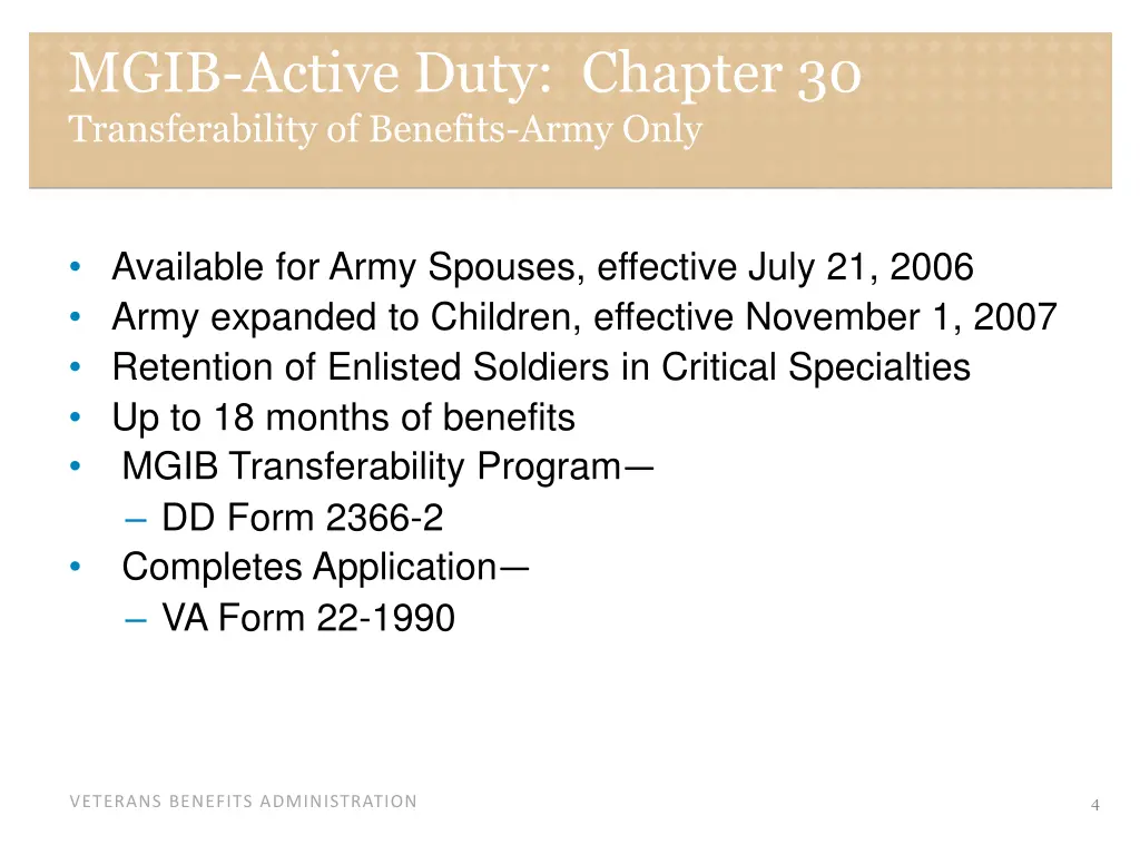 mgib active duty chapter 30 transferability