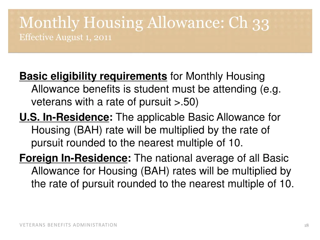 monthly housing allowance ch 33 effective august