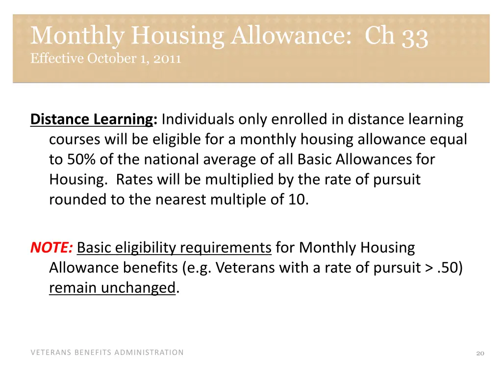 monthly housing allowance ch 33 effective october