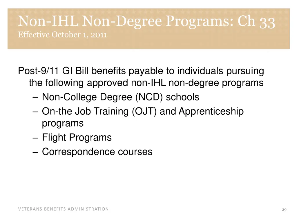 non ihl non degree programs ch 33 effective