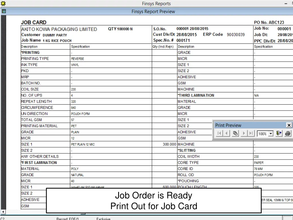 job order is ready print out for job card