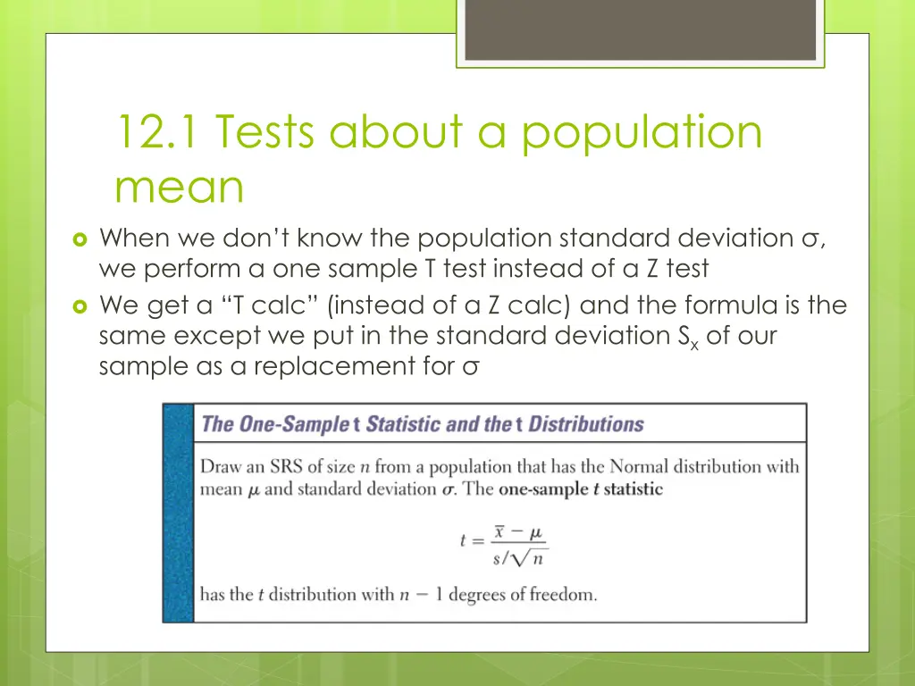 12 1 tests about a population mean when