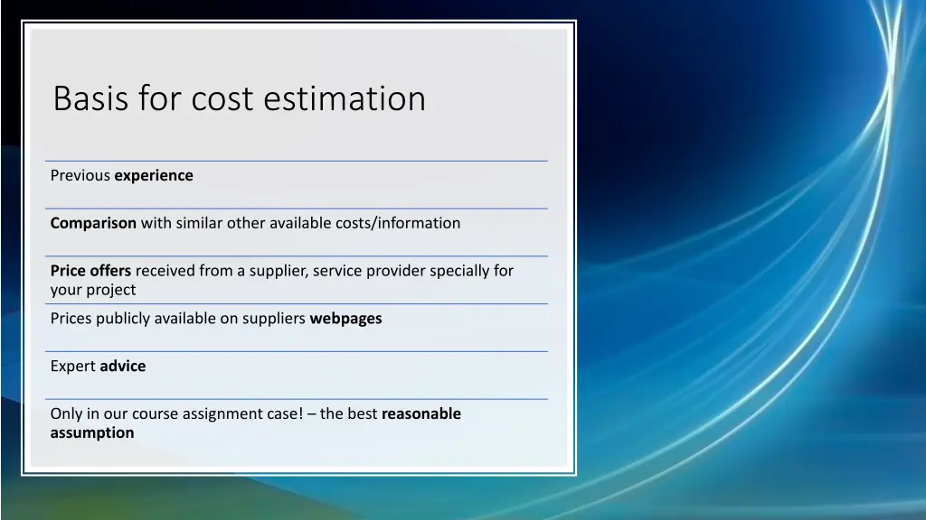basis for cost estimation