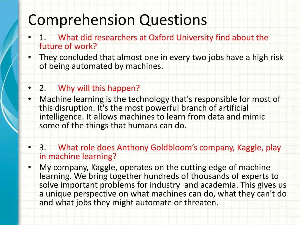 comprehension questions 1 what did researchers