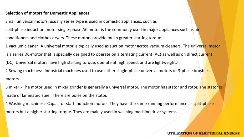 selection of motors for domestic appliances