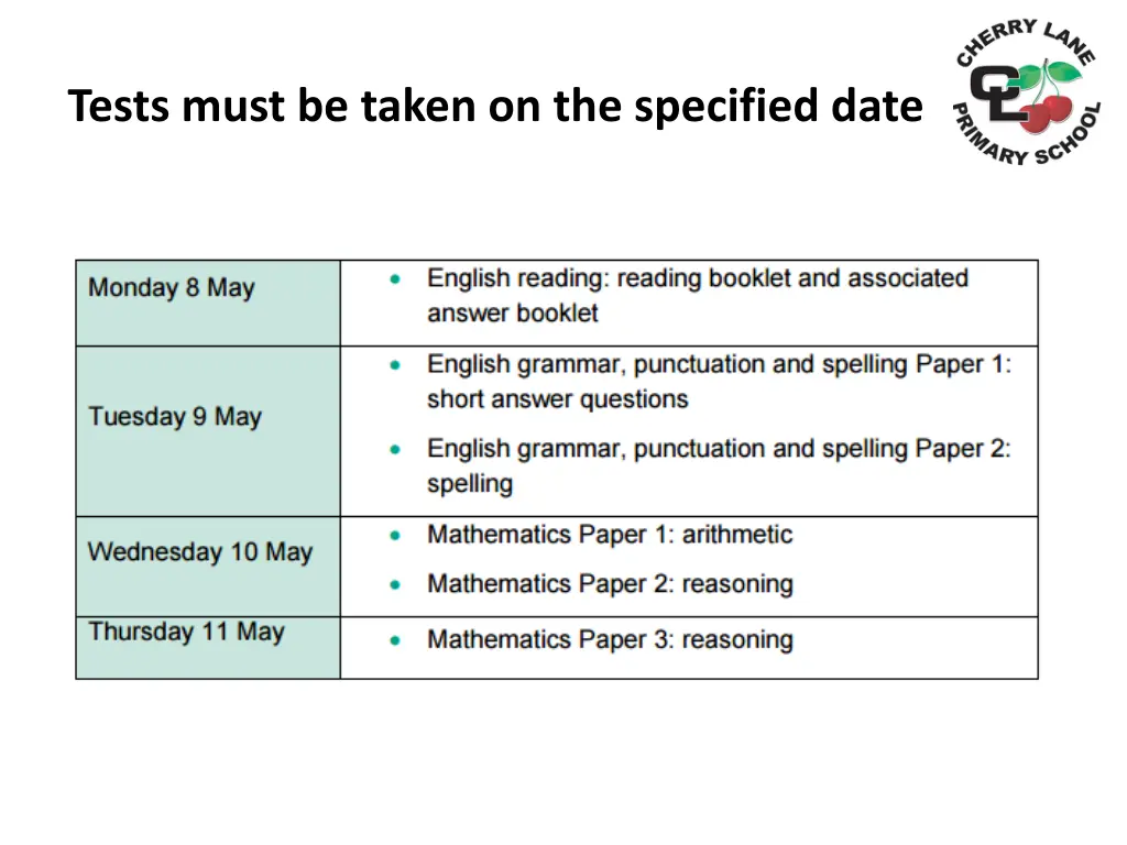 tests must be taken on the specified date