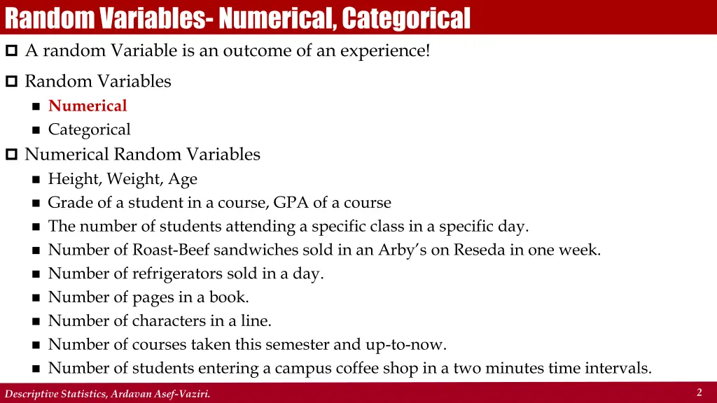 random variables numerical categorical