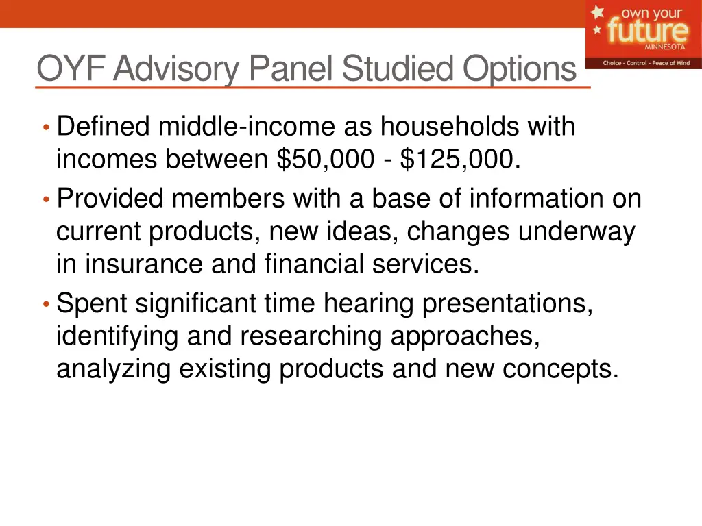 oyf advisory panel studied options