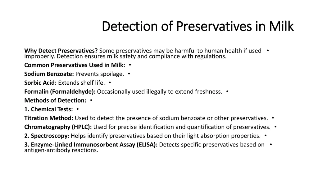 detection of preservatives in milk detection