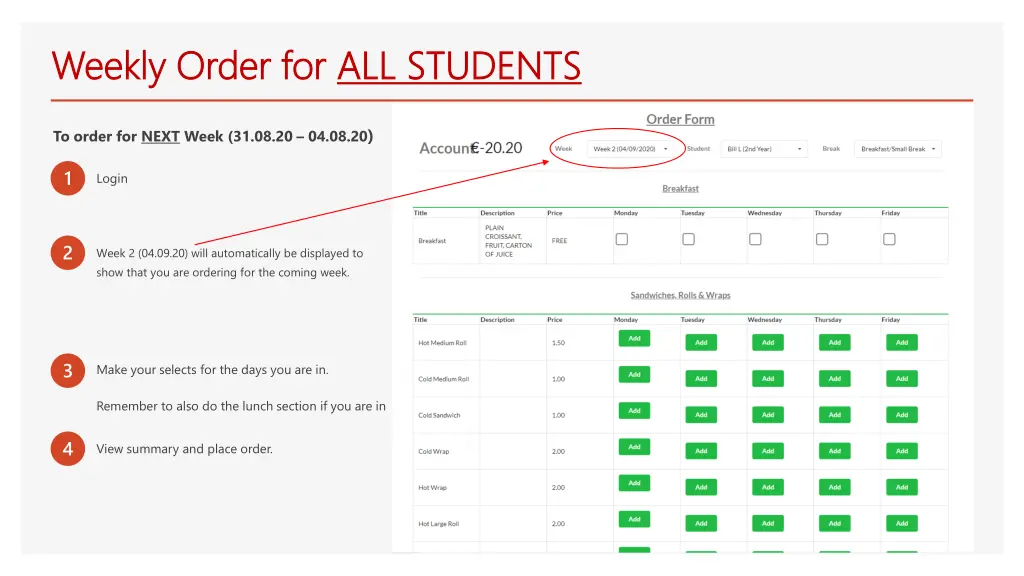 weekly order for weekly order for all students