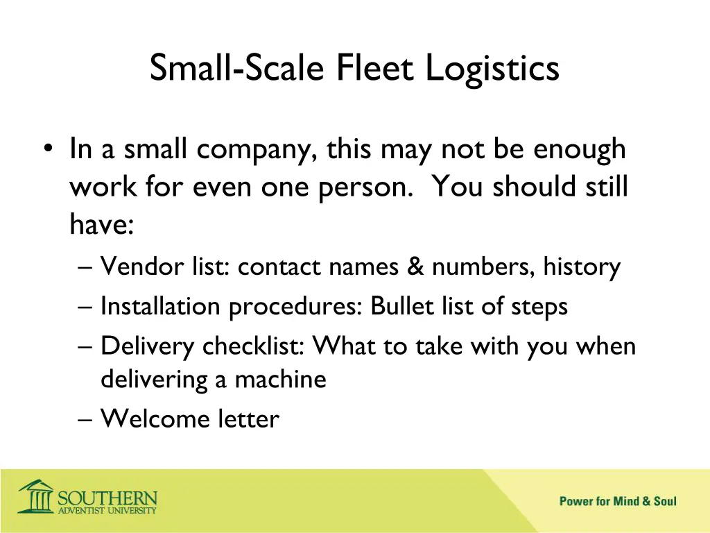 small scale fleet logistics