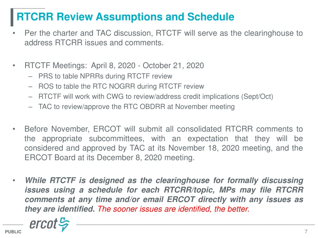 rtcrr review assumptions and schedule