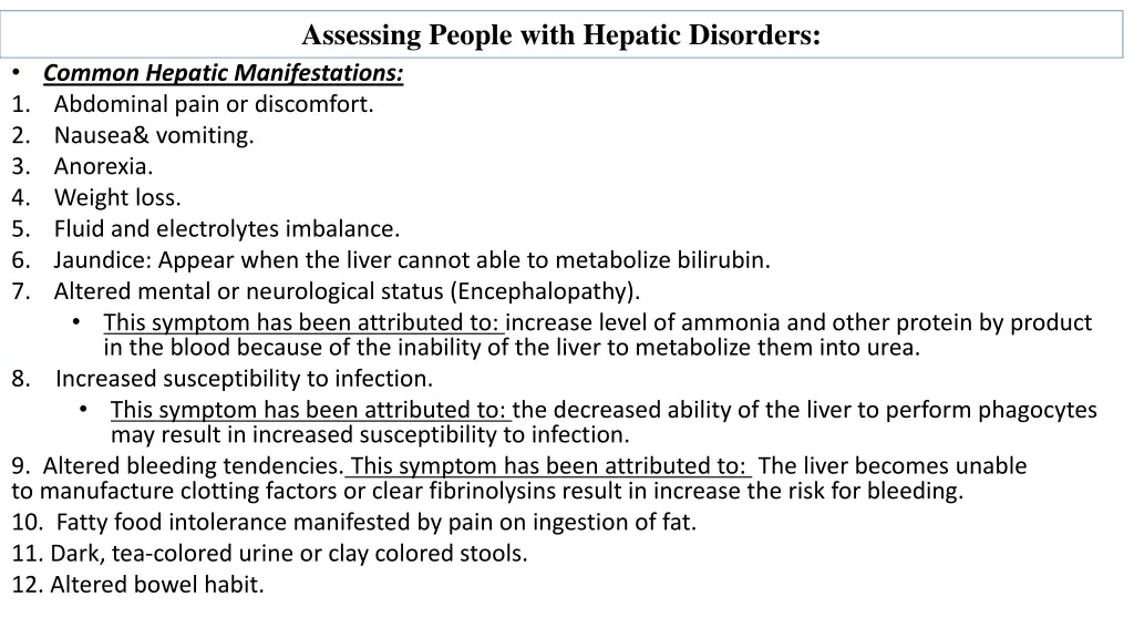 assessing people with hepatic disorders