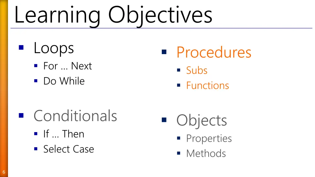 learning objectives loops for next do while