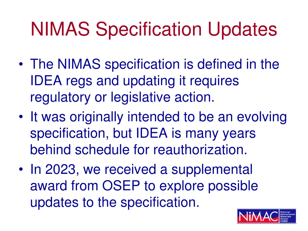 nimas specification updates