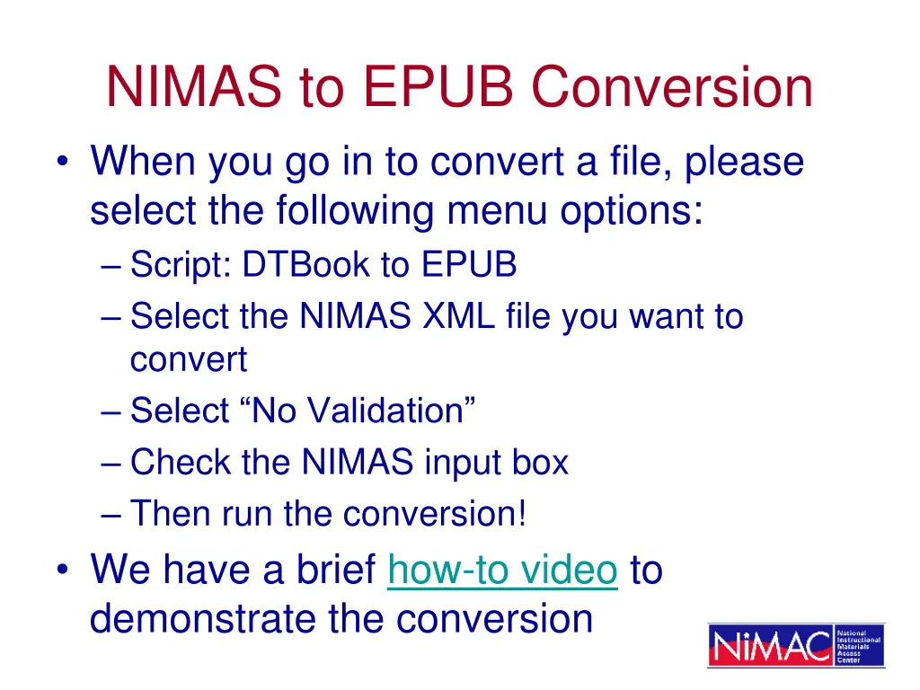 nimas to epub conversion when