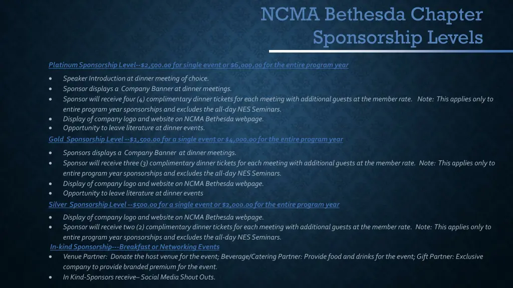 ncma bethesda chapter sponsorship levels