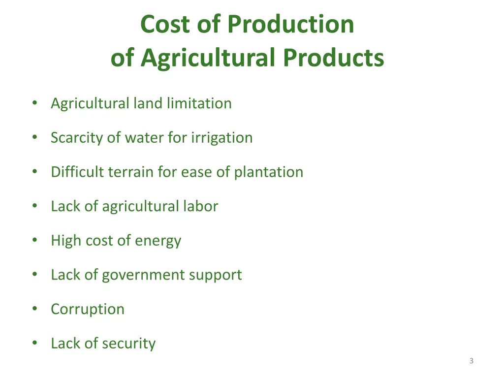 cost of production of agricultural products