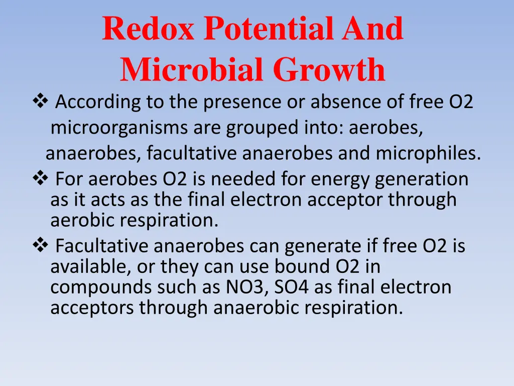 redox potential and microbial growth according