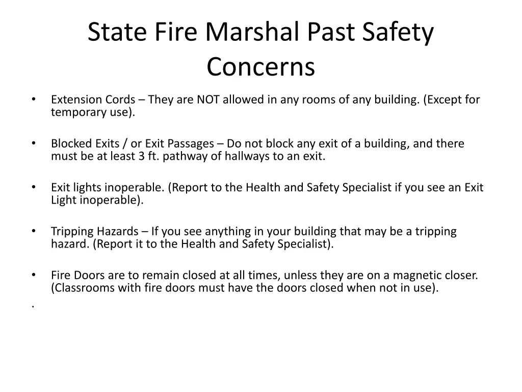 state fire marshal past safety concerns