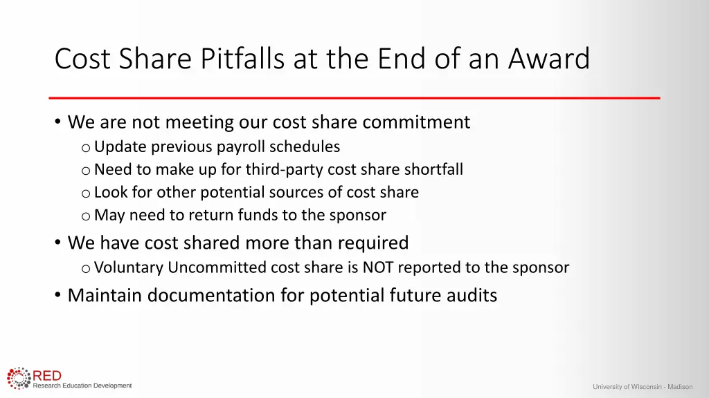 cost share pitfalls at the end of an award
