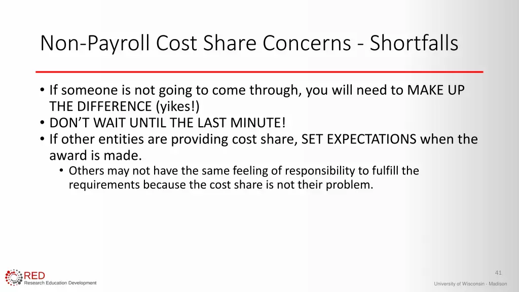 non payroll cost share concerns shortfalls