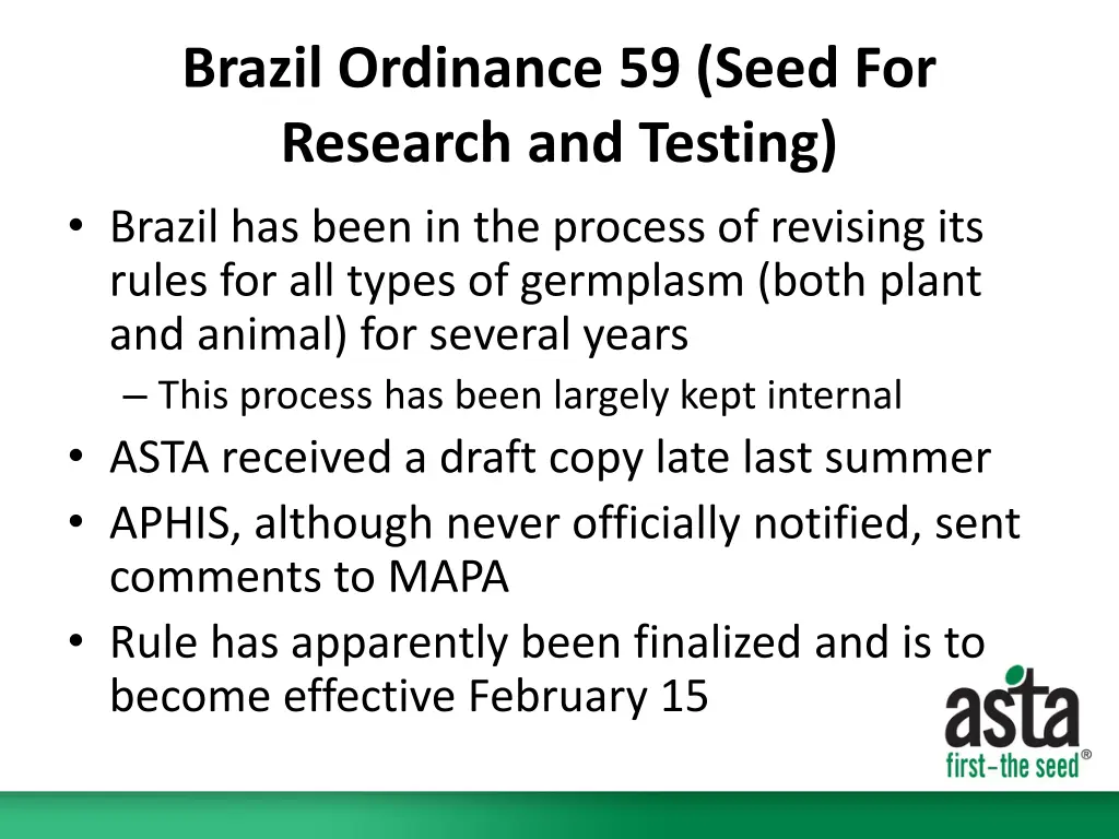 brazil ordinance 59 seed for research and testing