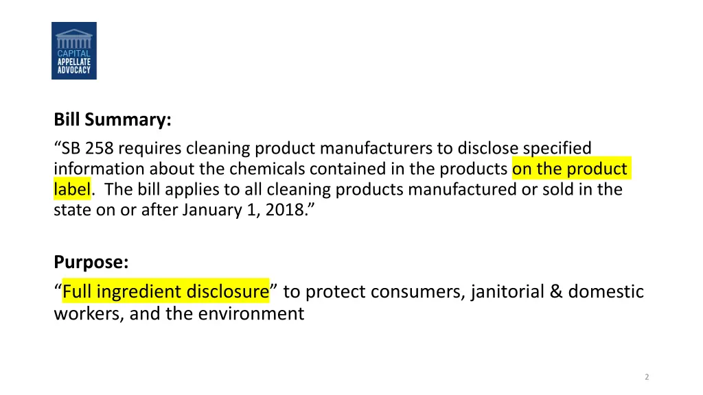 bill summary sb 258 requires cleaning product