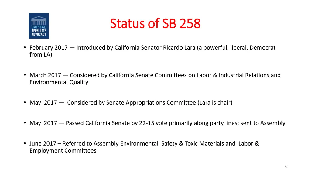status of sb 258 status of sb 258