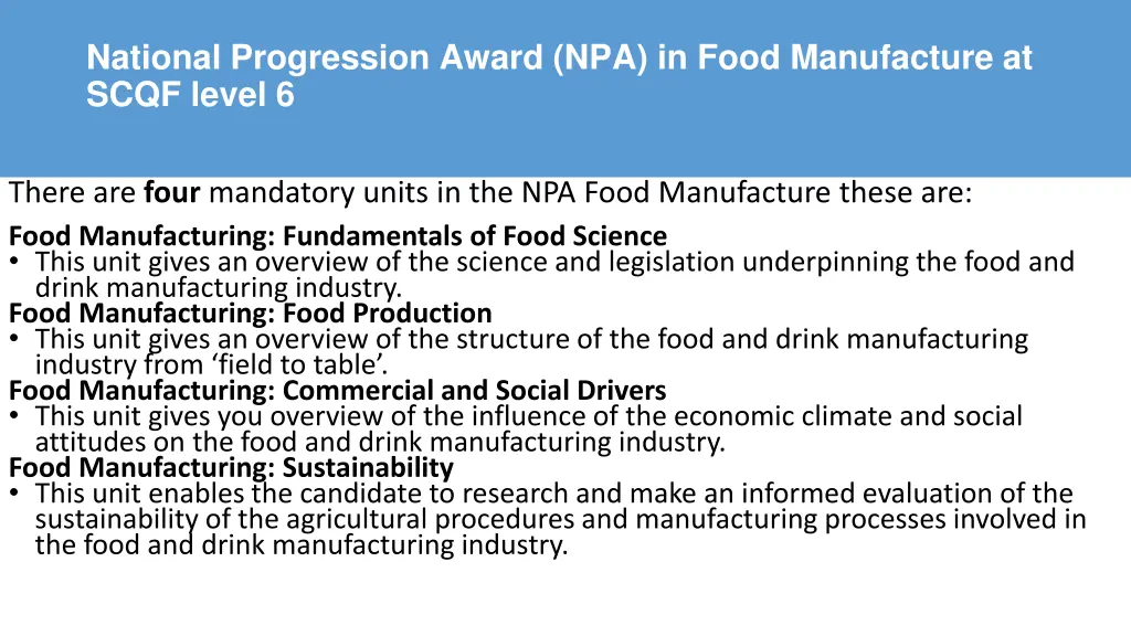 national progression award npa in food