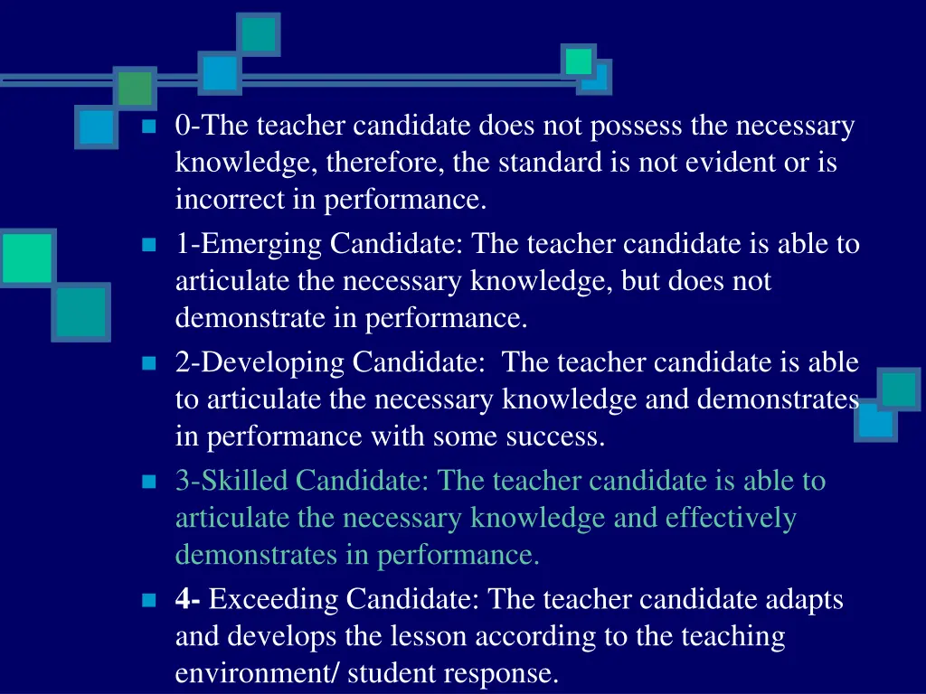 0 the teacher candidate does not possess