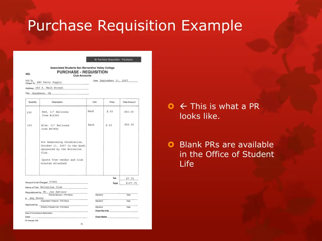 purchase requisition example