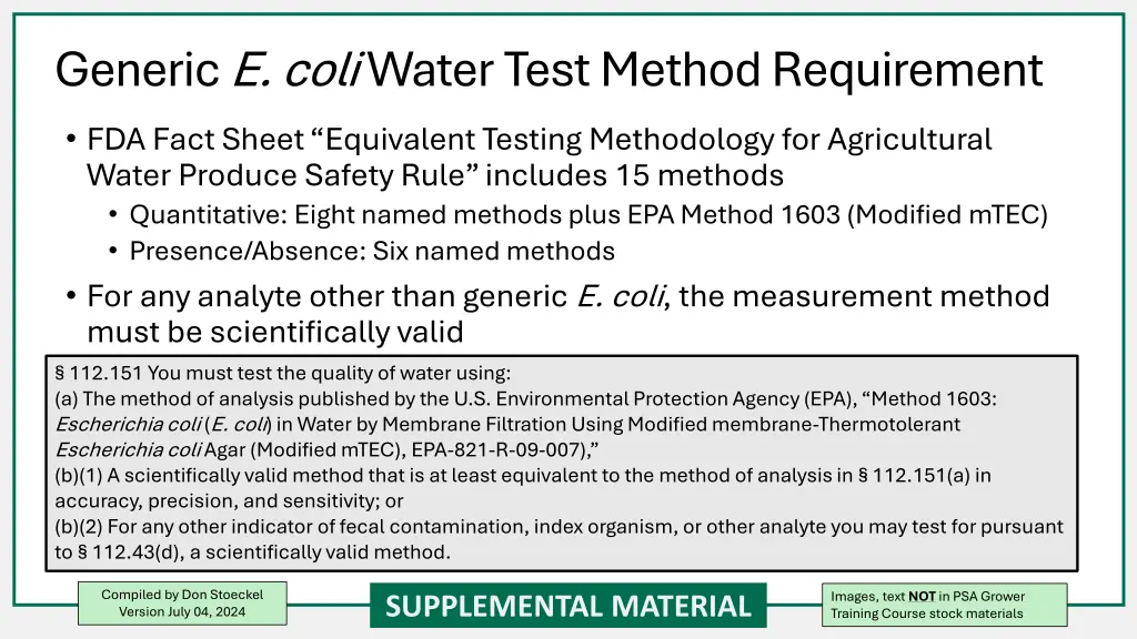 generic e coli water test method requirement