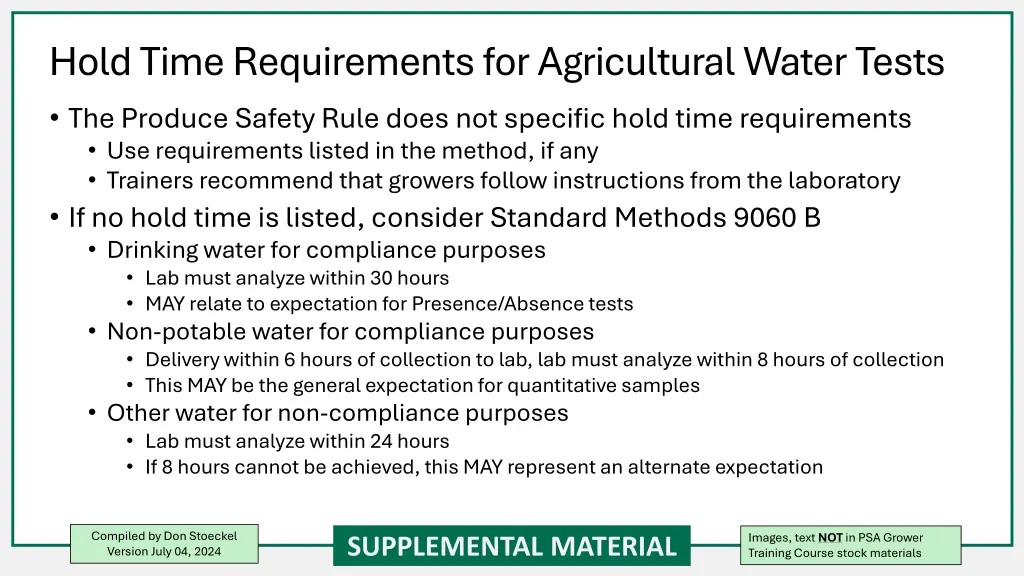 hold time requirements for agricultural water