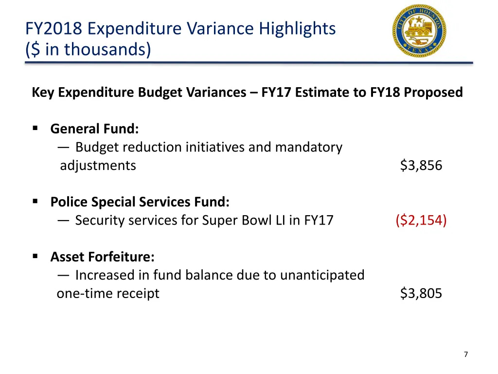 fy2018 expenditure variance highlights