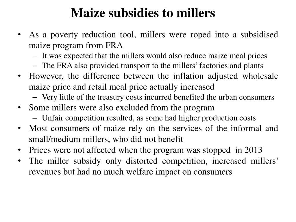 maize subsidies to millers