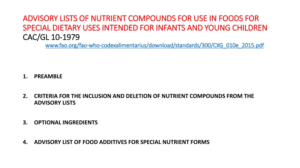 advisory lists of nutrient compounds