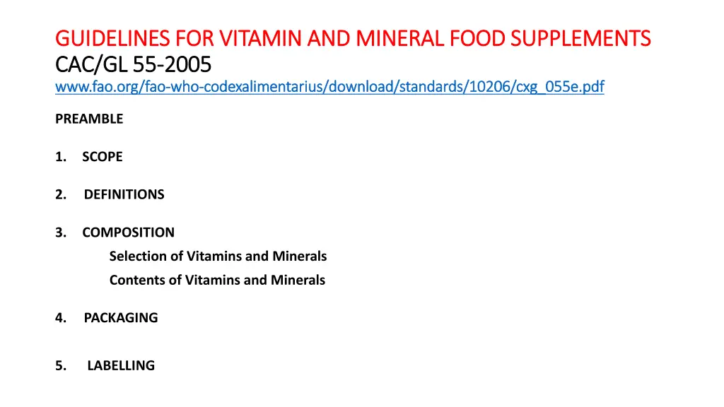 guidelines for vitamin and mineral food
