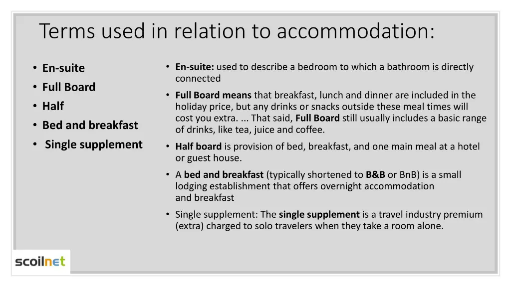 terms used in relation to accommodation