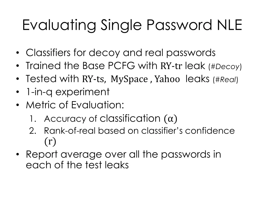 evaluating single password nle