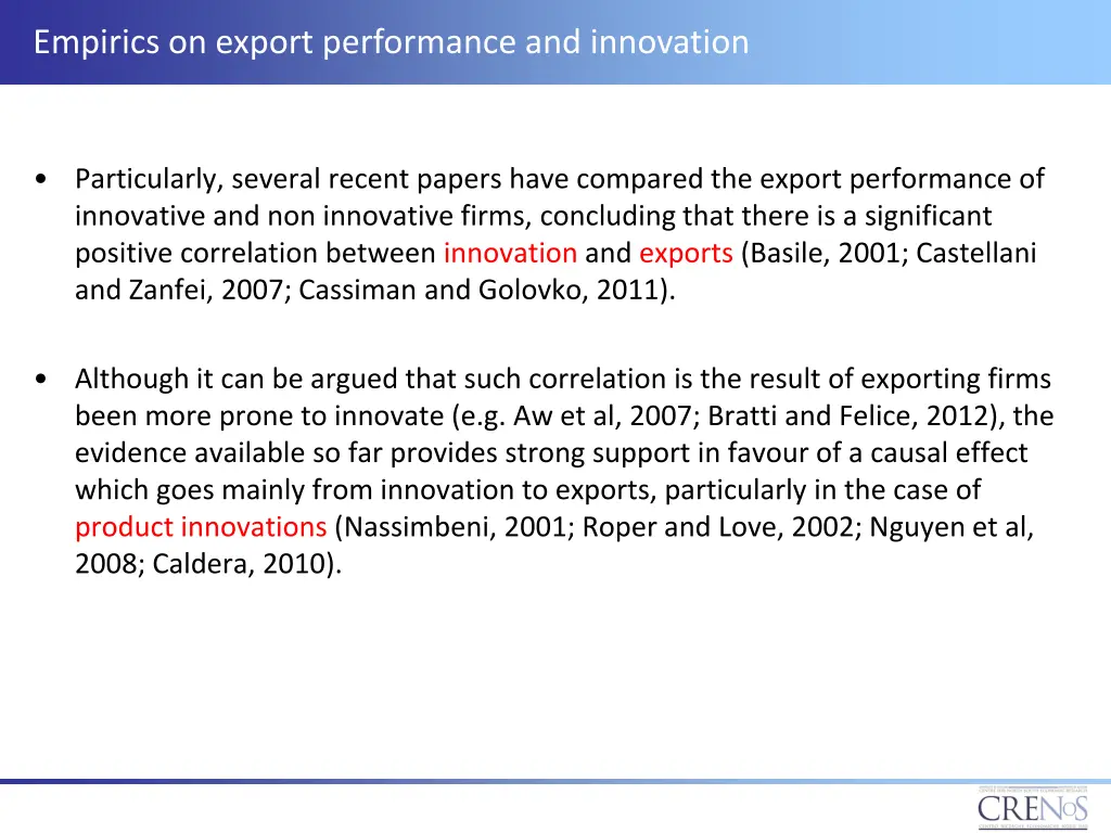 empirics on export performance and innovation