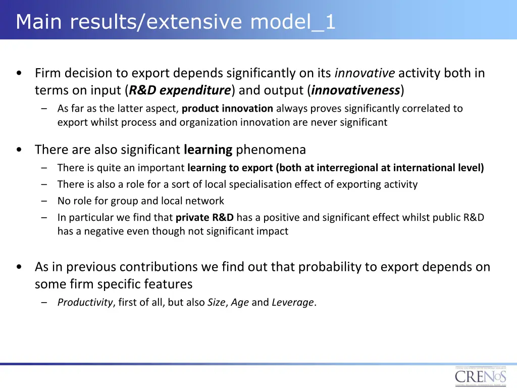 main results extensive model 1