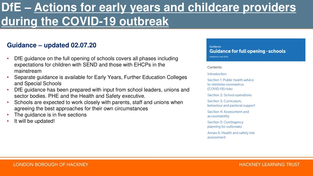 dfe actions for early years and childcare