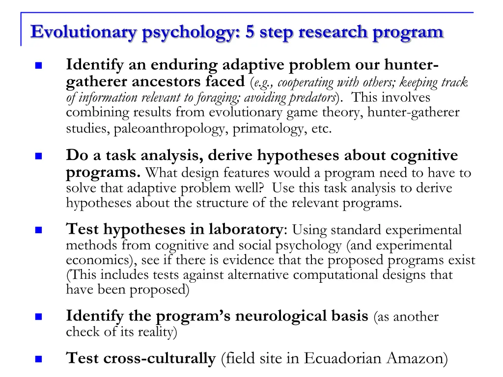 evolutionary psychology 5 step research program