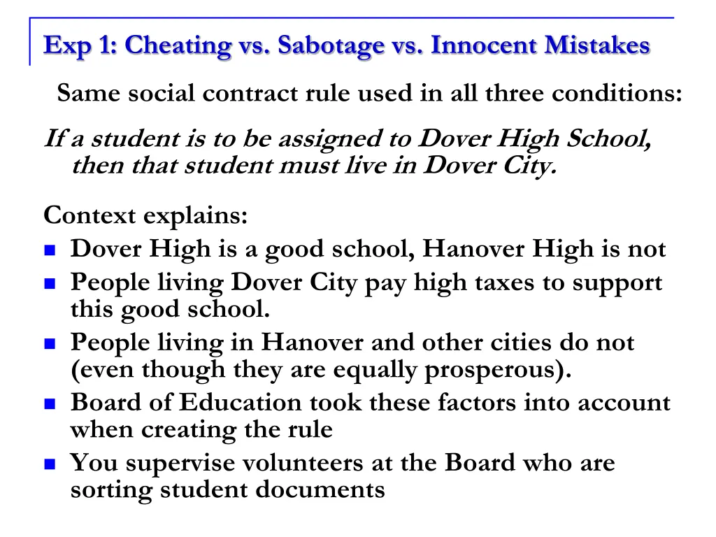 exp 1 cheating vs sabotage vs innocent mistakes