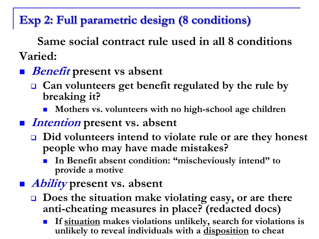 exp 2 full parametric design 8 conditions