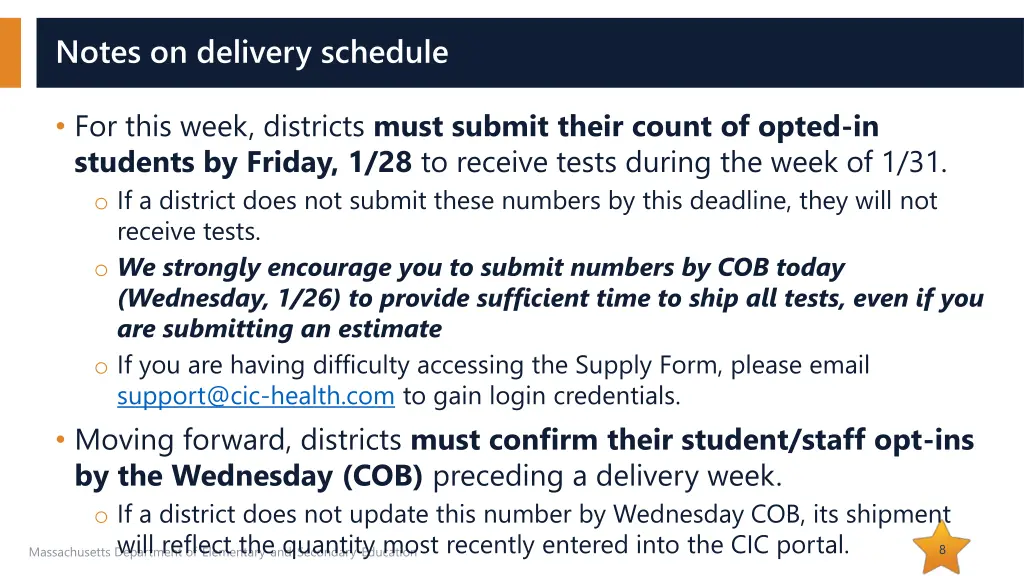 notes on delivery schedule