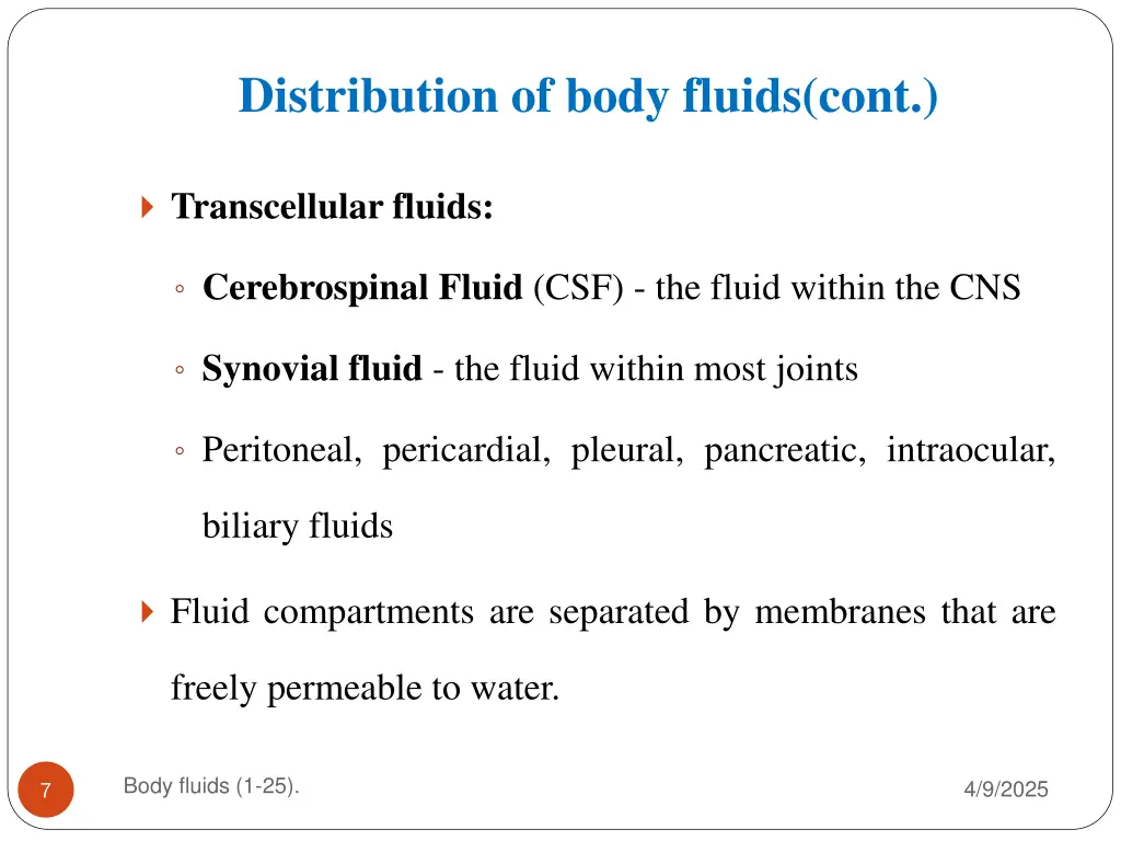 distribution of body fluids cont